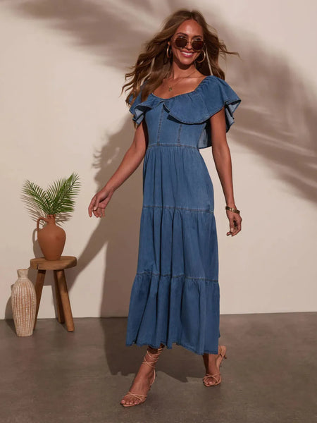 Off Shoulder Ruffle Tiered Denim Dress – Asalai Fashion Boutique