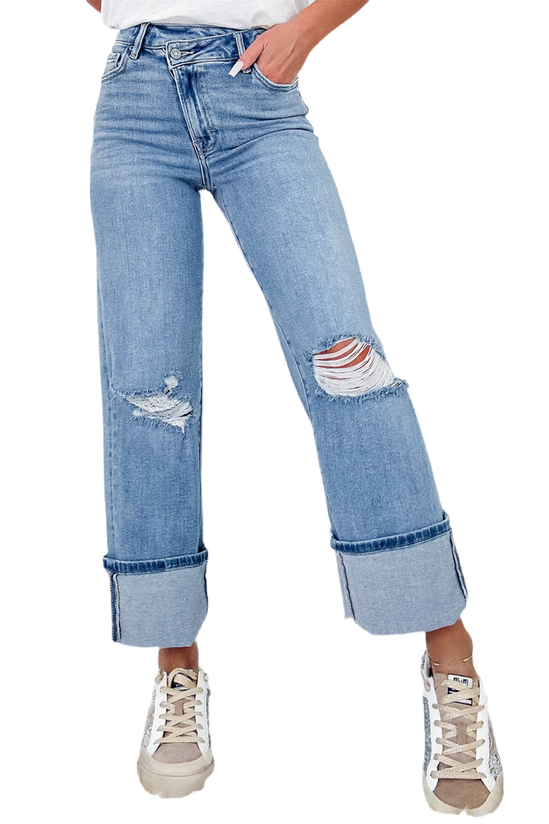 Distressed Straight Jeans with Pockets