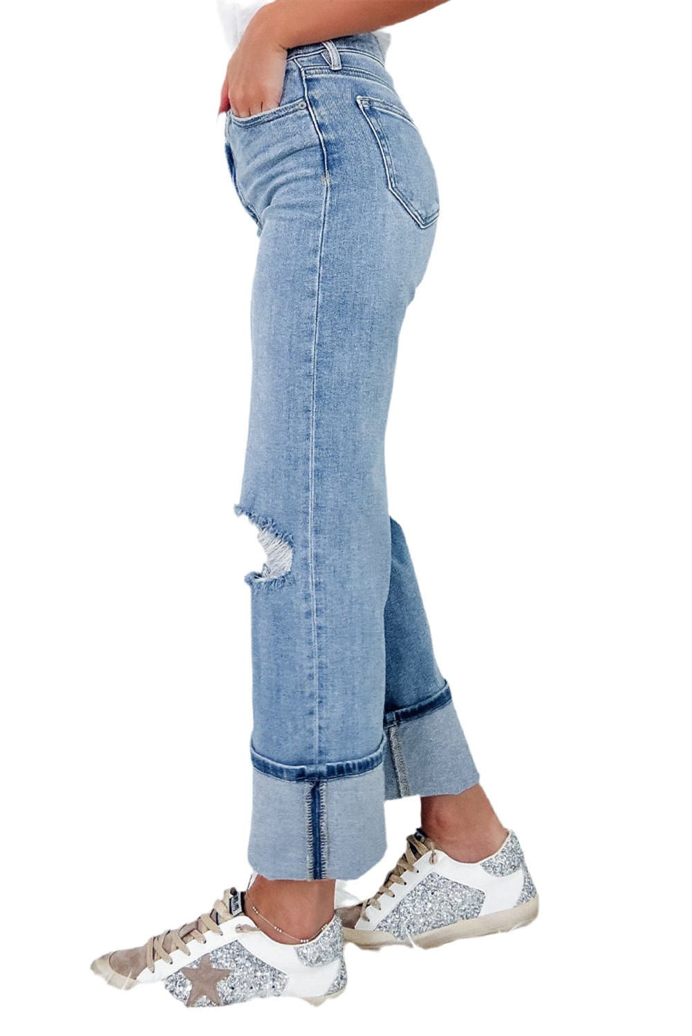 Distressed Straight Jeans with Pockets