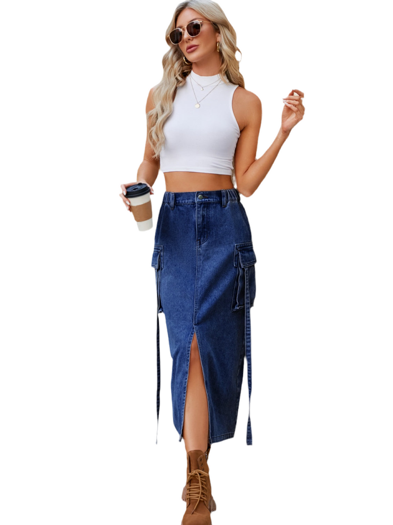 Slit Pocketed High Waist Denim Skirt