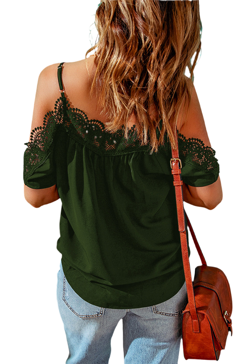 Spaghetti Strap Cold-Shoulder Lace Trim Blouse