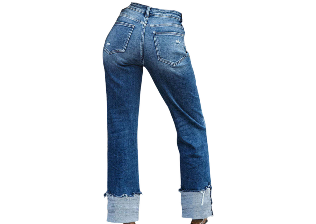 Stepped Waist Raw Hem Rolled Straight Jeans