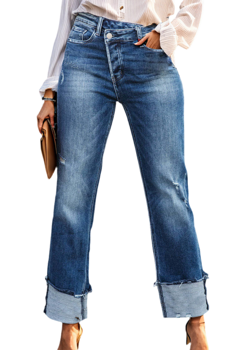 Stepped Waist Raw Hem Rolled Straight Jeans