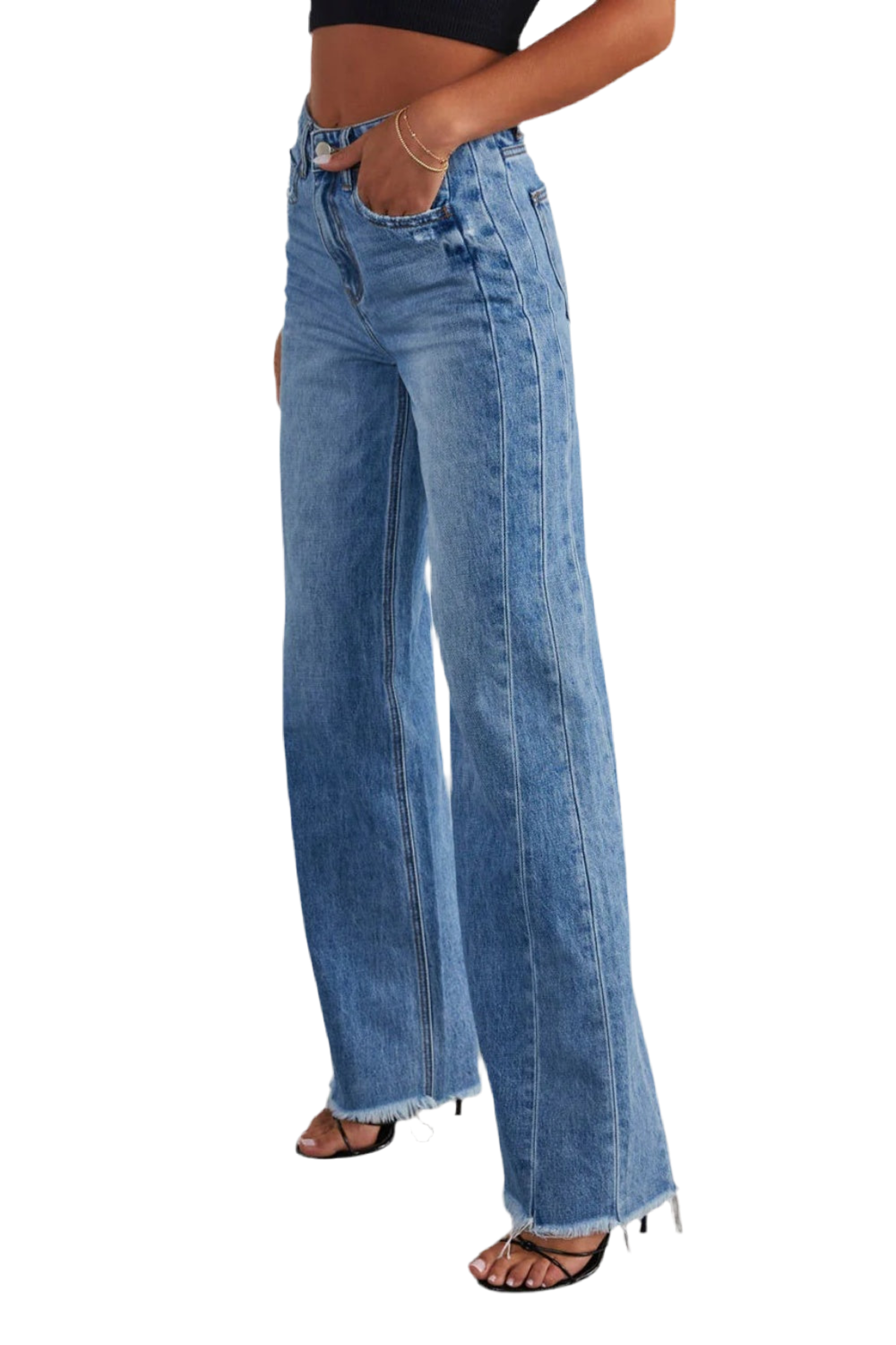 Raw Hem Wide Leg Jeans with Pockets