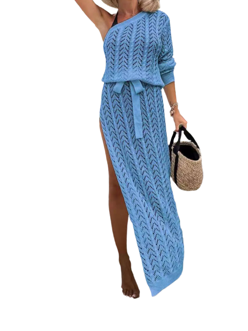 Slit Openwork Single Shoulder Knit Dress