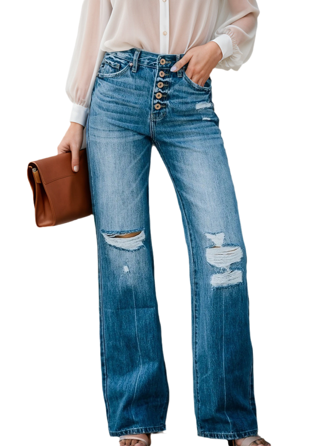 Distressed Button-Fly Jeans with Pockets