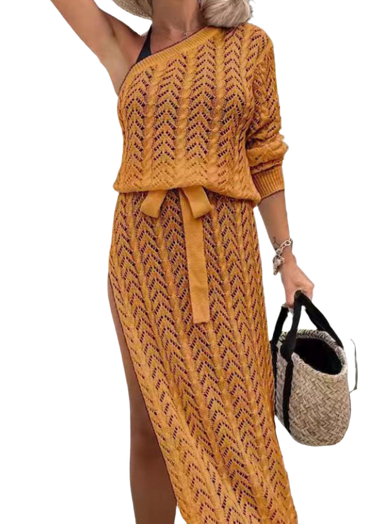 Slit Openwork Single Shoulder Knit Dress