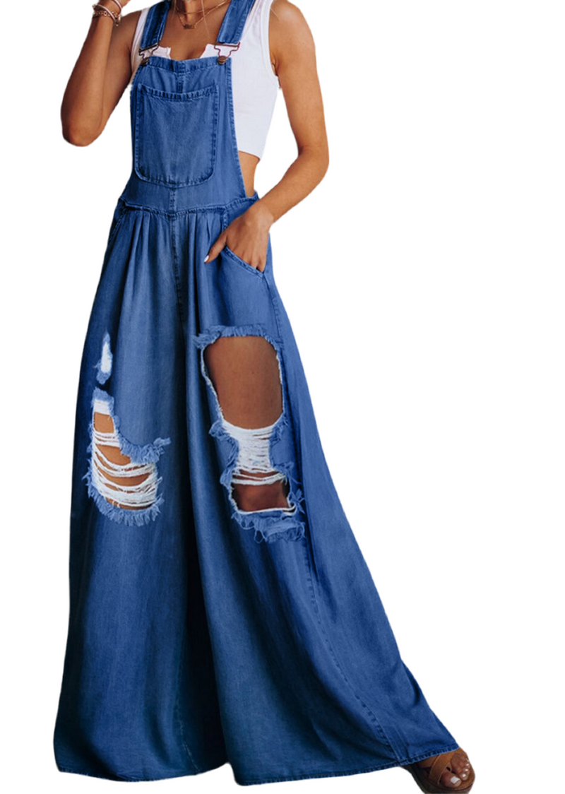 Distressed Wide Leg Denim Overalls