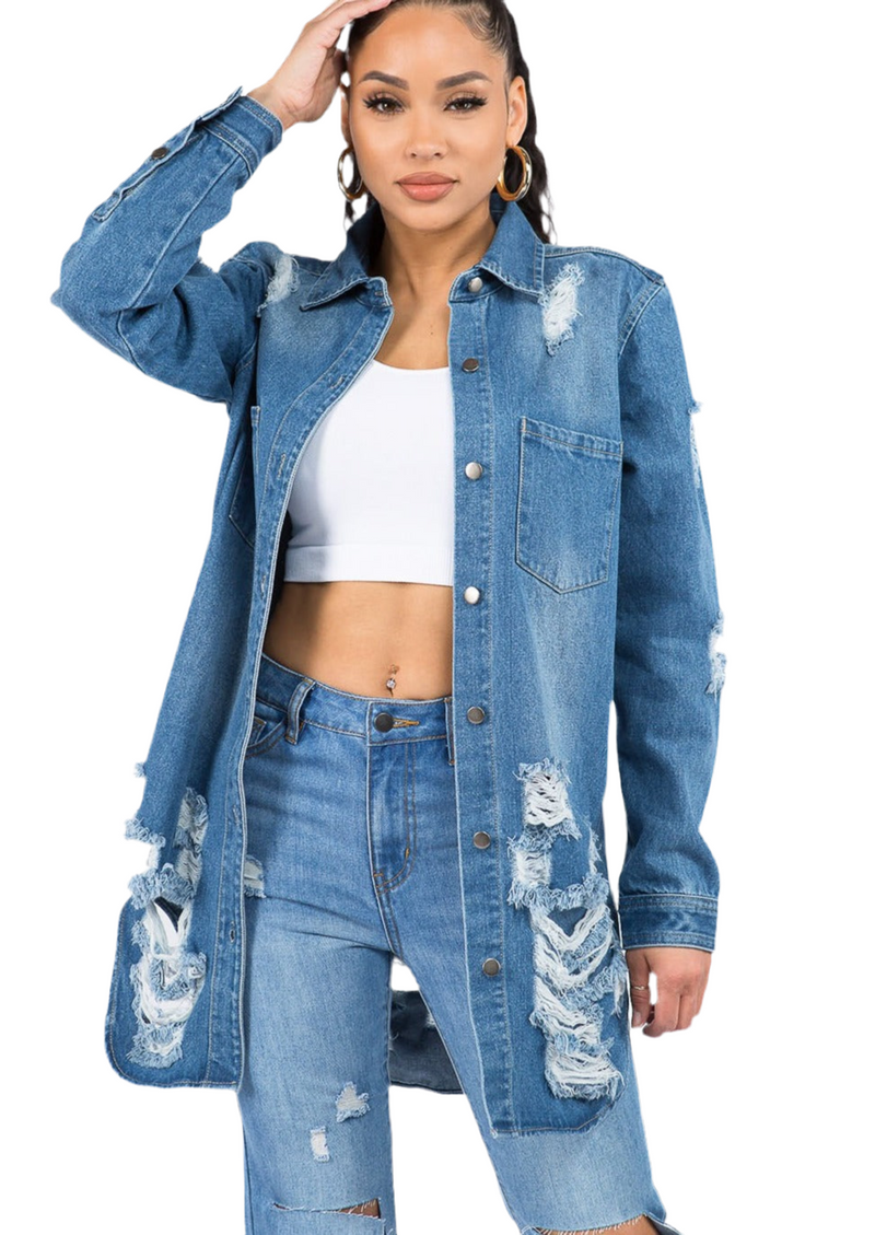 Bazi Distressed Button Down Denim Shirt Jacket