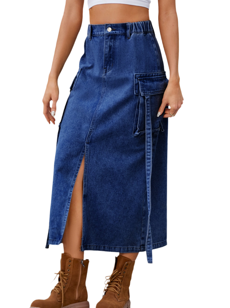 Slit Pocketed High Waist Denim Skirt