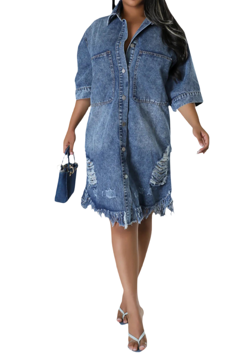 Distressed Raw Hem Button Up Denim Dress