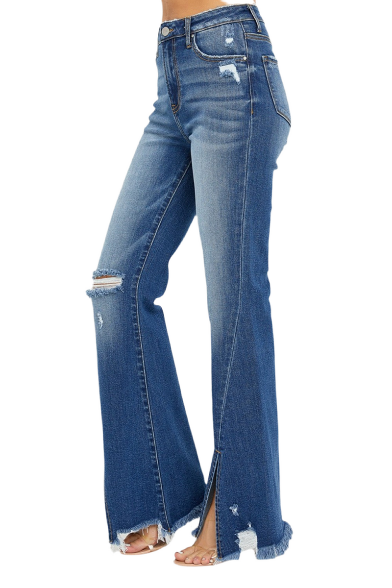 Full Size High Rise Front Slit Frayed Hem Flare Jeans