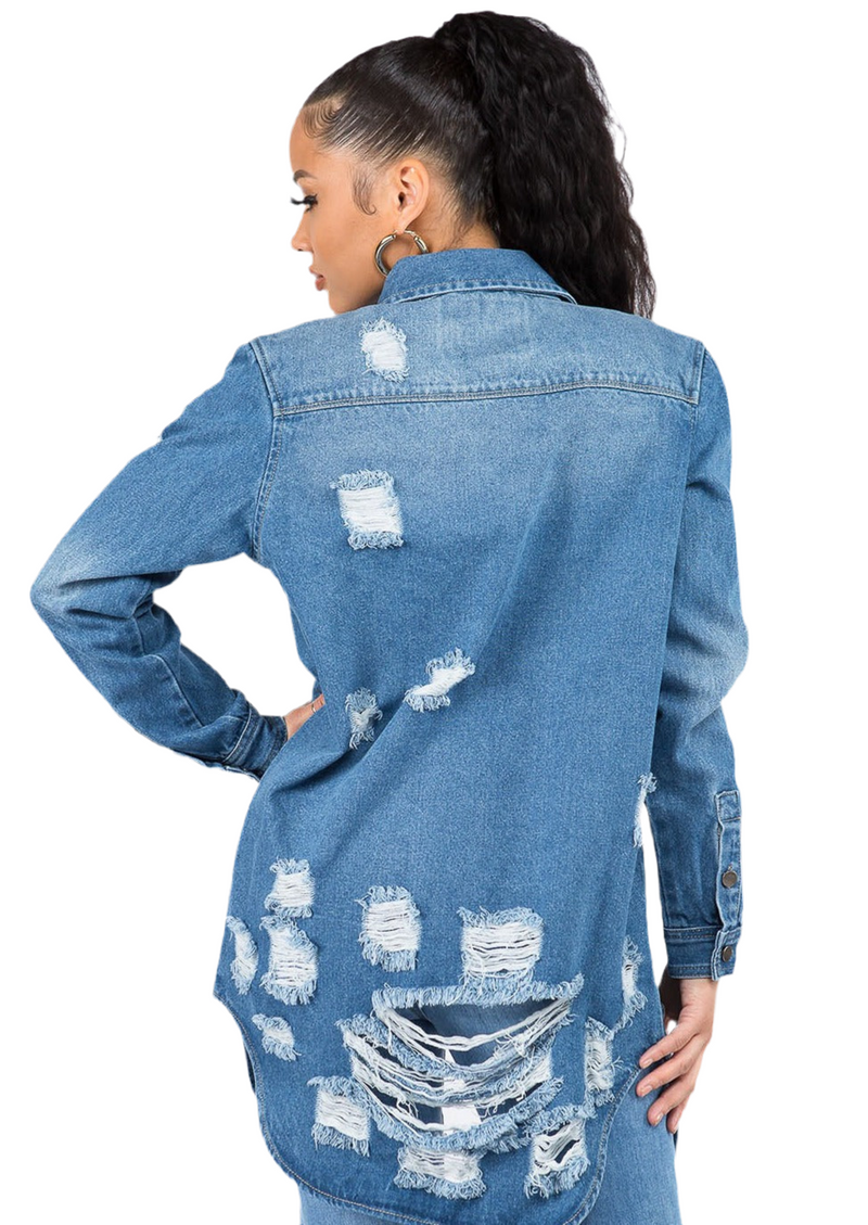 Bazi Distressed Button Down Denim Shirt Jacket