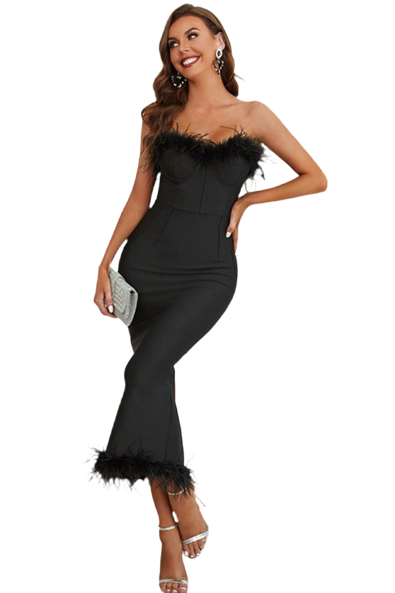 Feather Trim Strapless Sweetheart Neck Dress