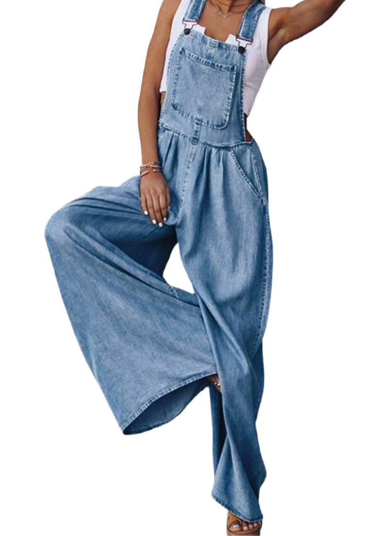 Distressed Wide Leg Denim Overalls