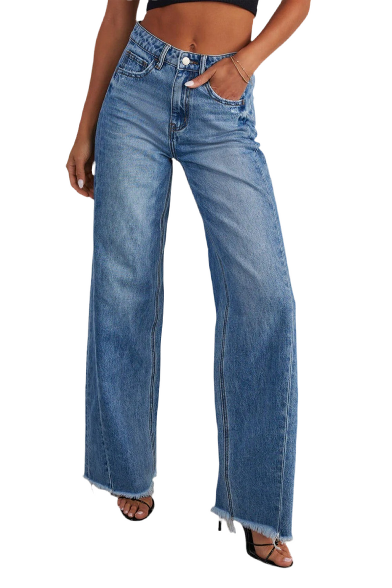 Raw Hem Wide Leg Jeans with Pockets