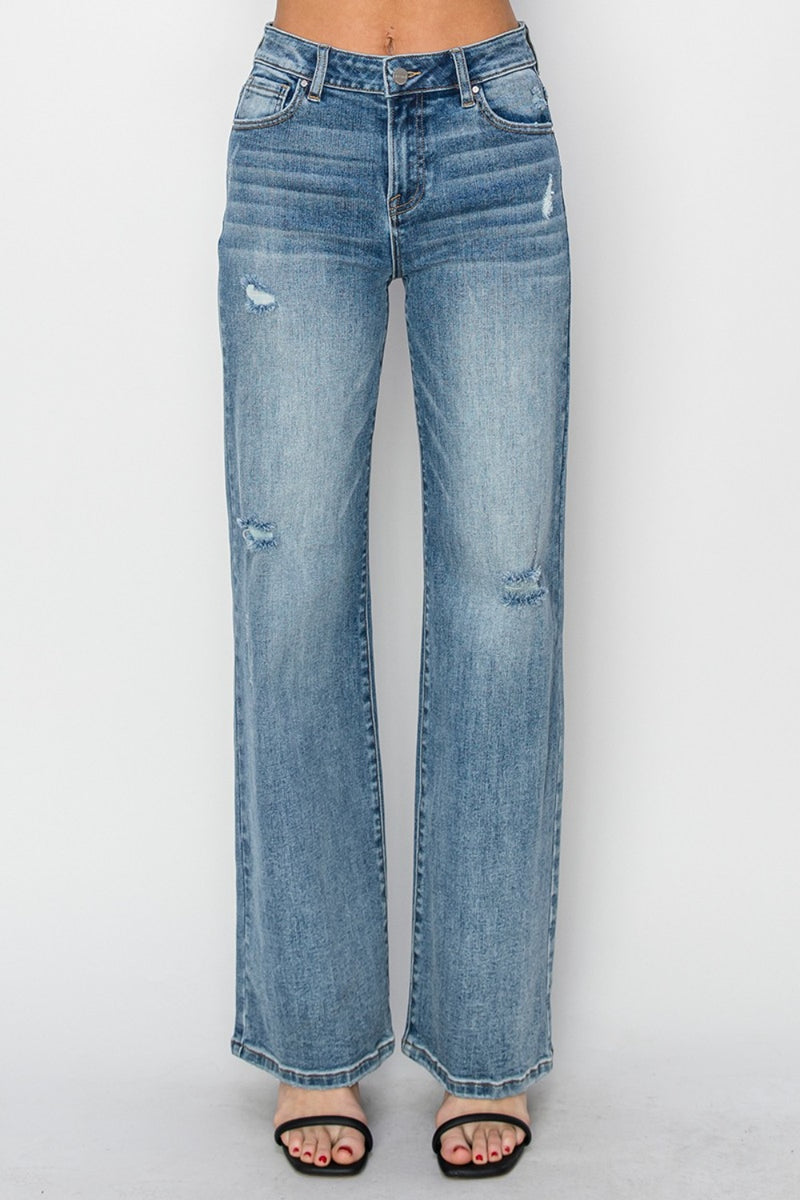 Full Size High Waist Distressed Wide Leg Jeans