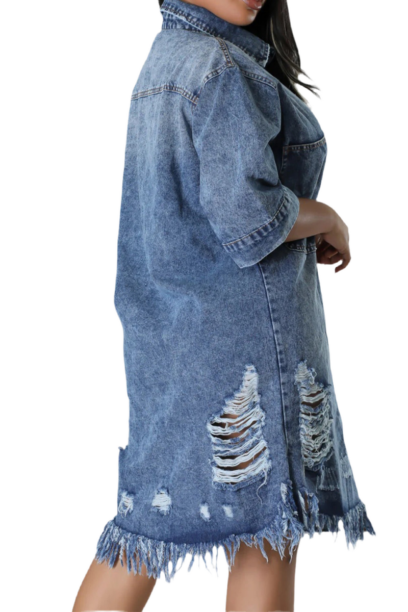 Distressed Raw Hem Button Up Denim Dress