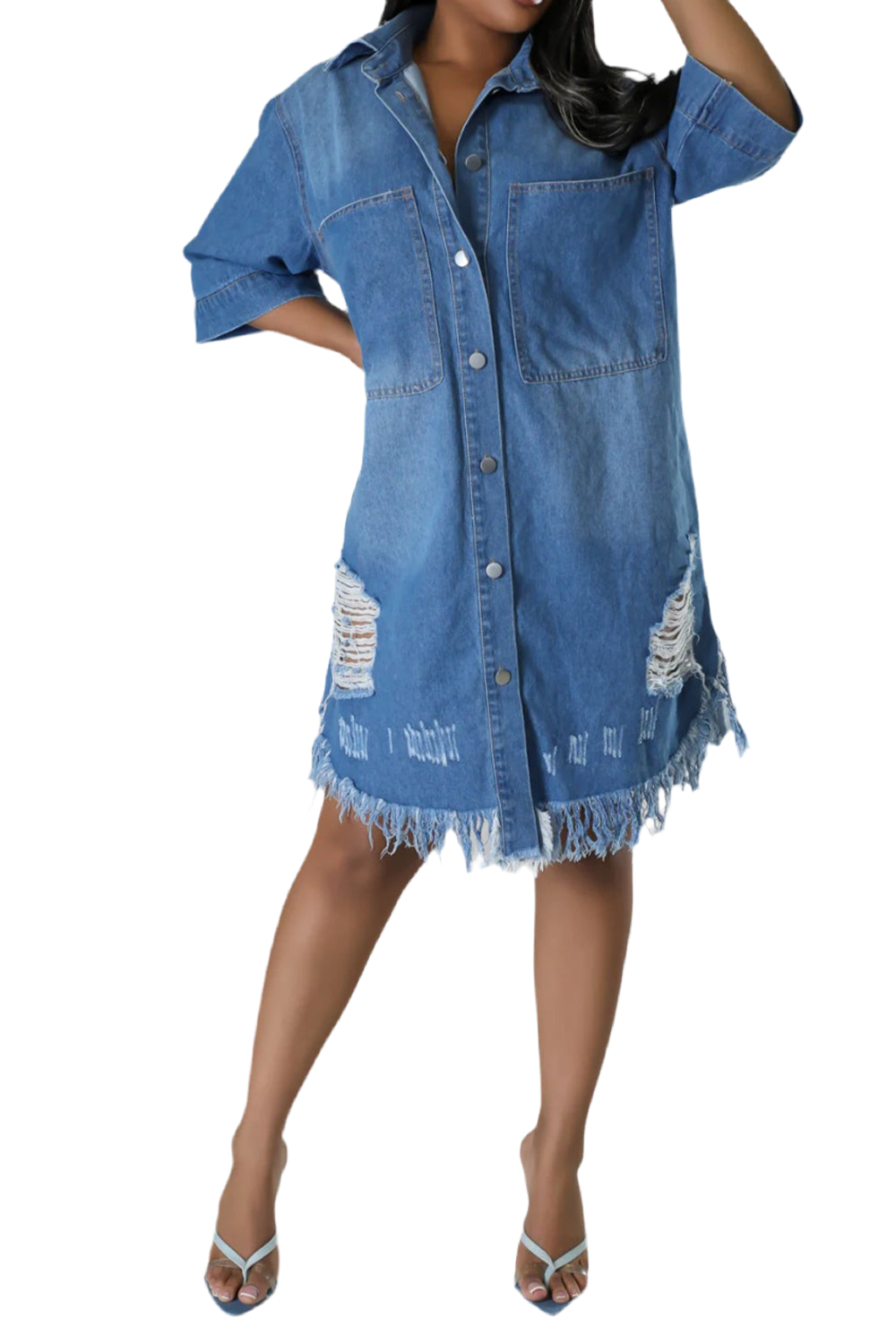 Distressed Raw Hem Button Up Denim Dress