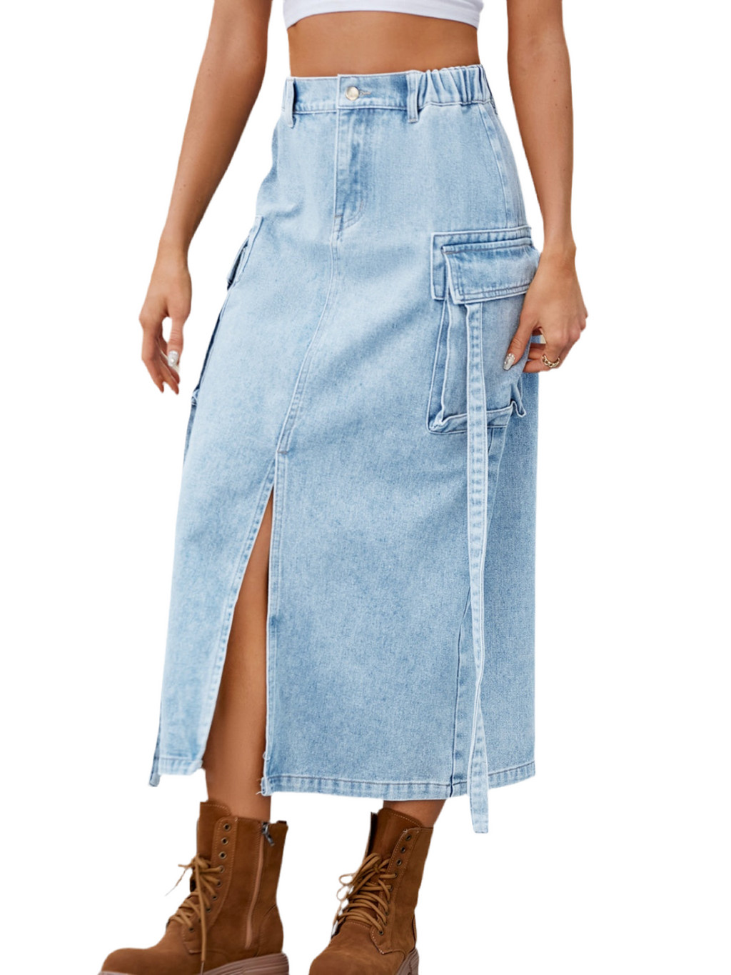 Slit Pocketed High Waist Denim Skirt