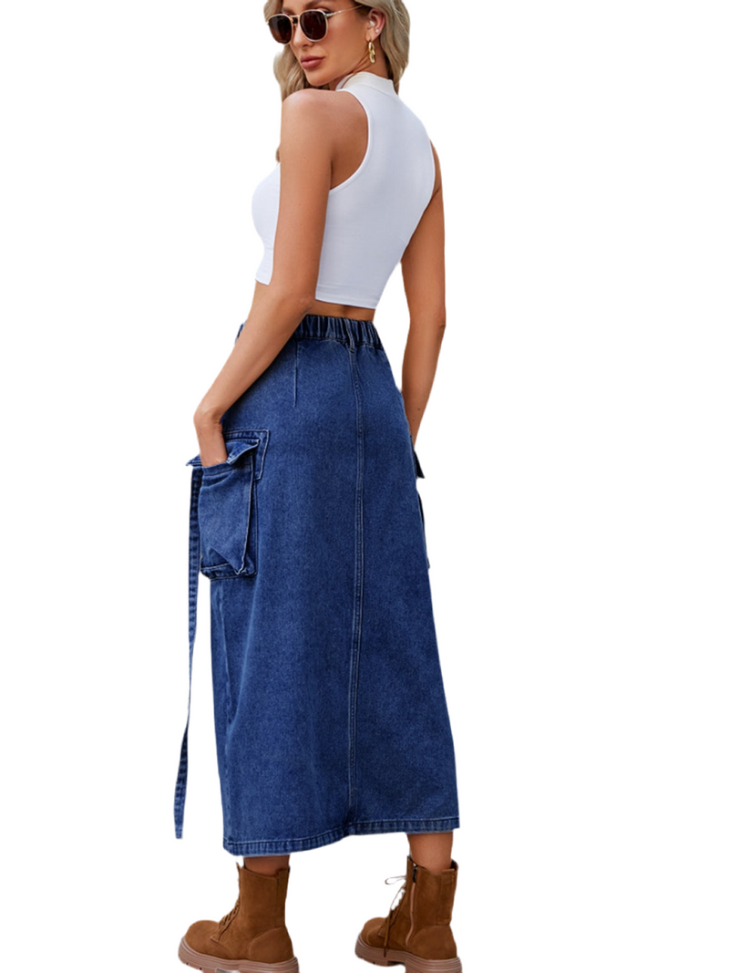 Slit Pocketed High Waist Denim Skirt