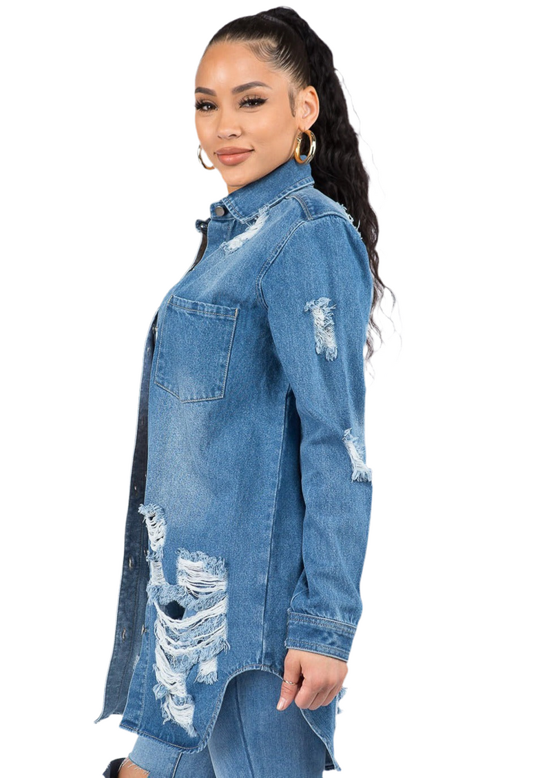 Bazi Distressed Button Down Denim Shirt Jacket