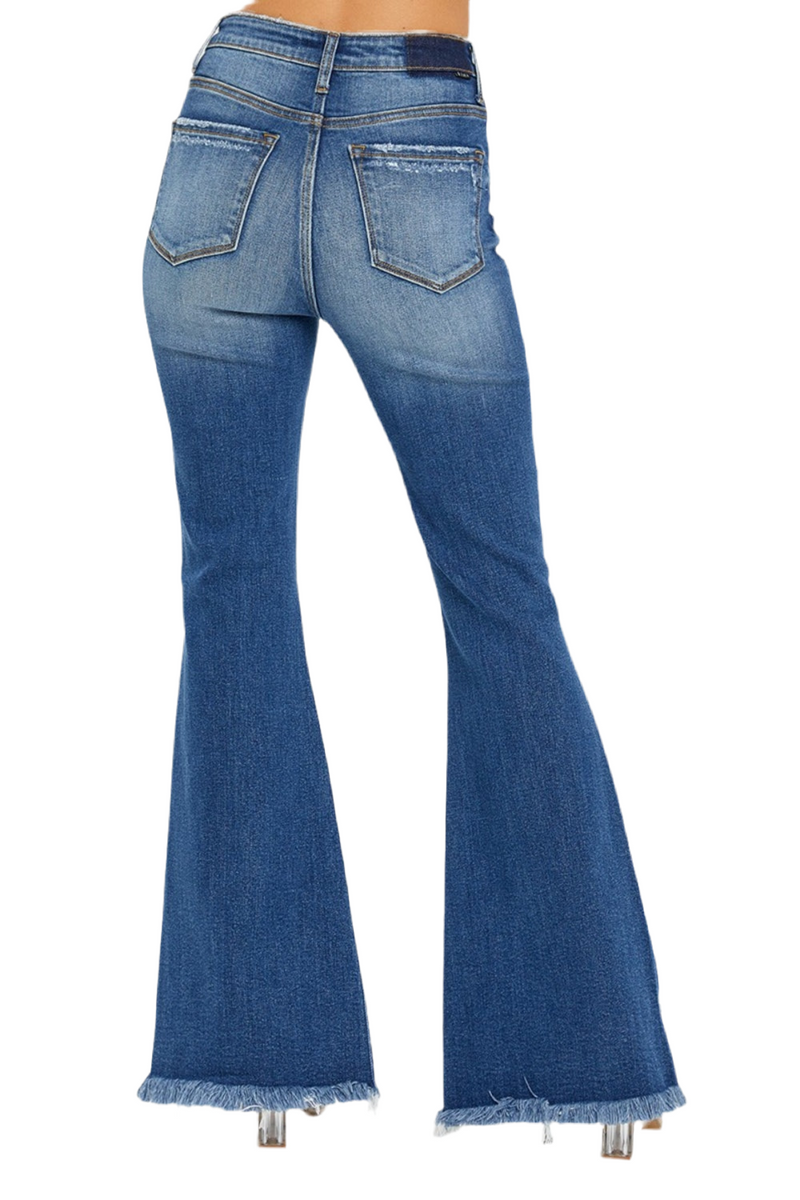 Full Size High Rise Front Slit Frayed Hem Flare Jeans