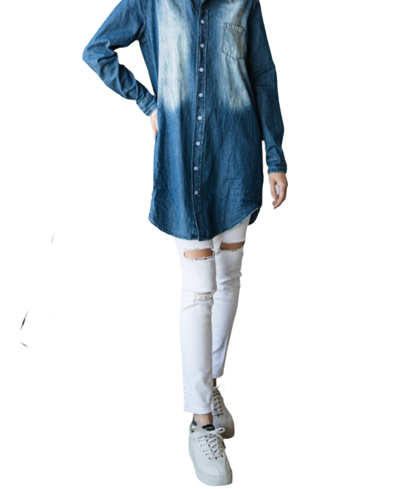 Veveret Pocketed Button Up Washed Denim Shirt