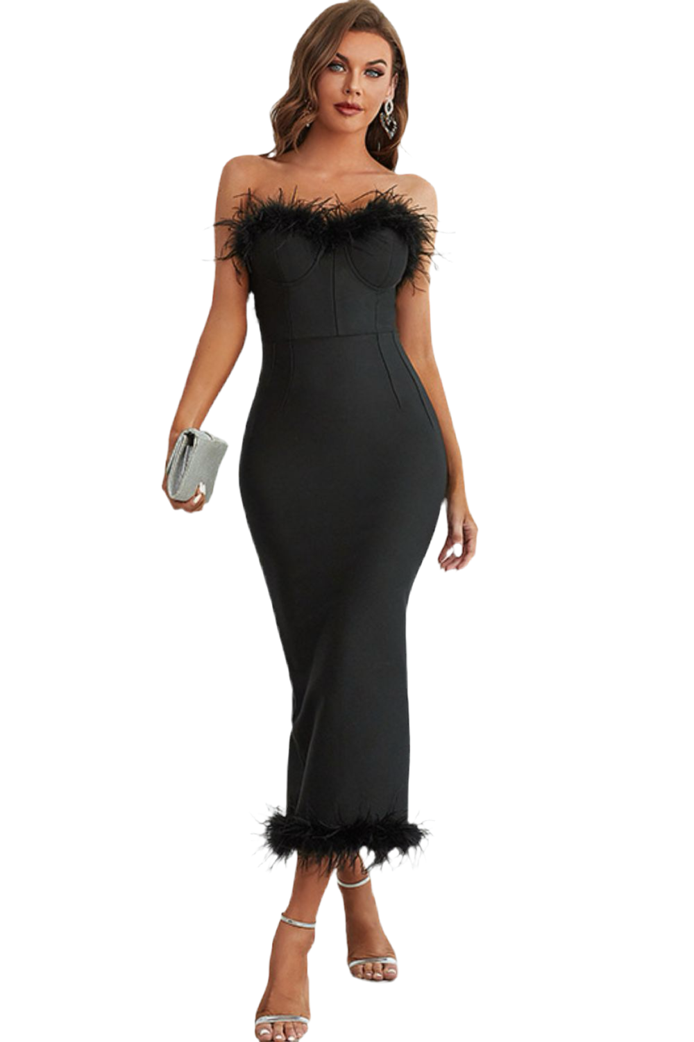 Feather Trim Strapless Sweetheart Neck Dress