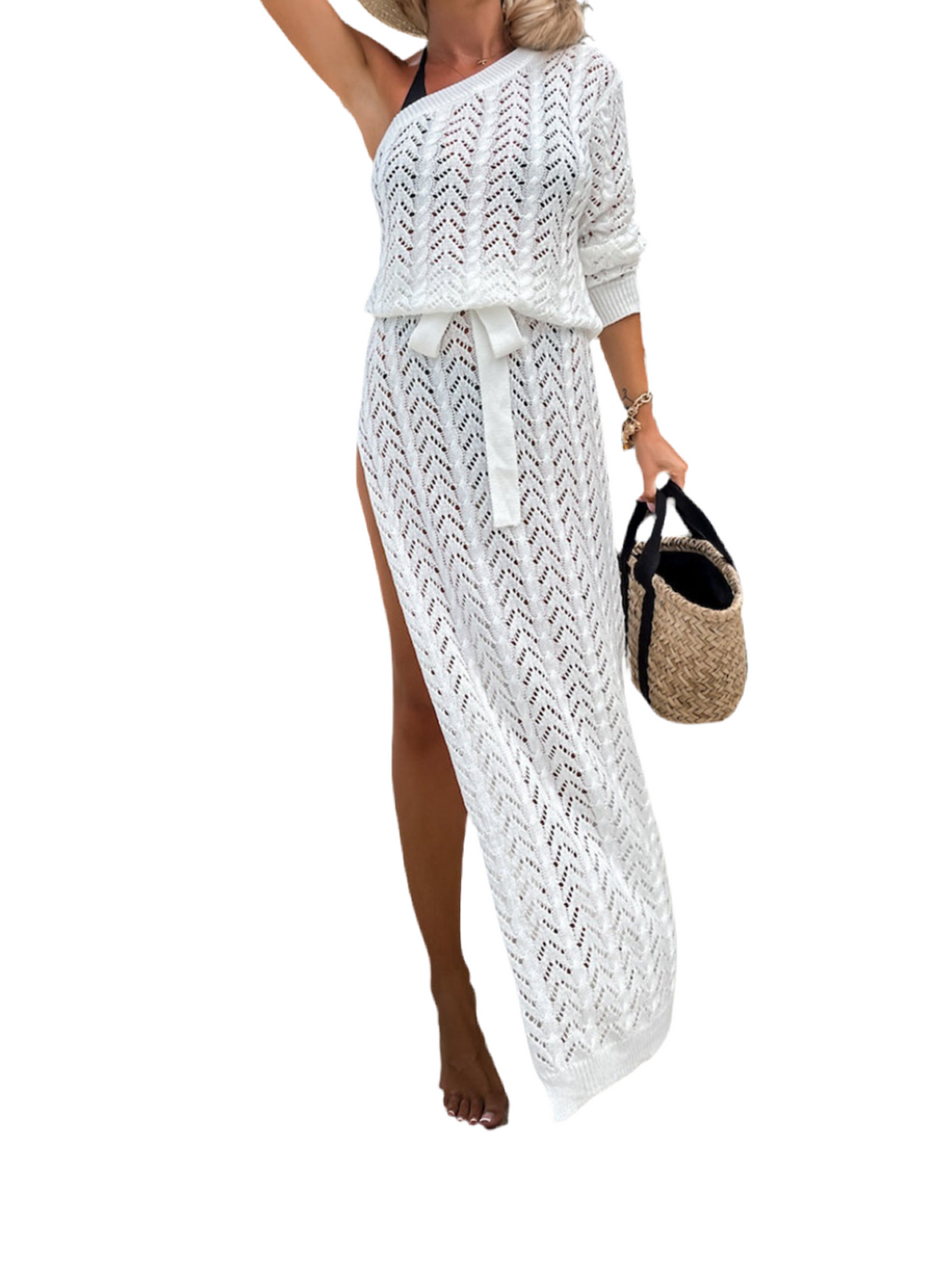 Slit Openwork Single Shoulder Knit Dress