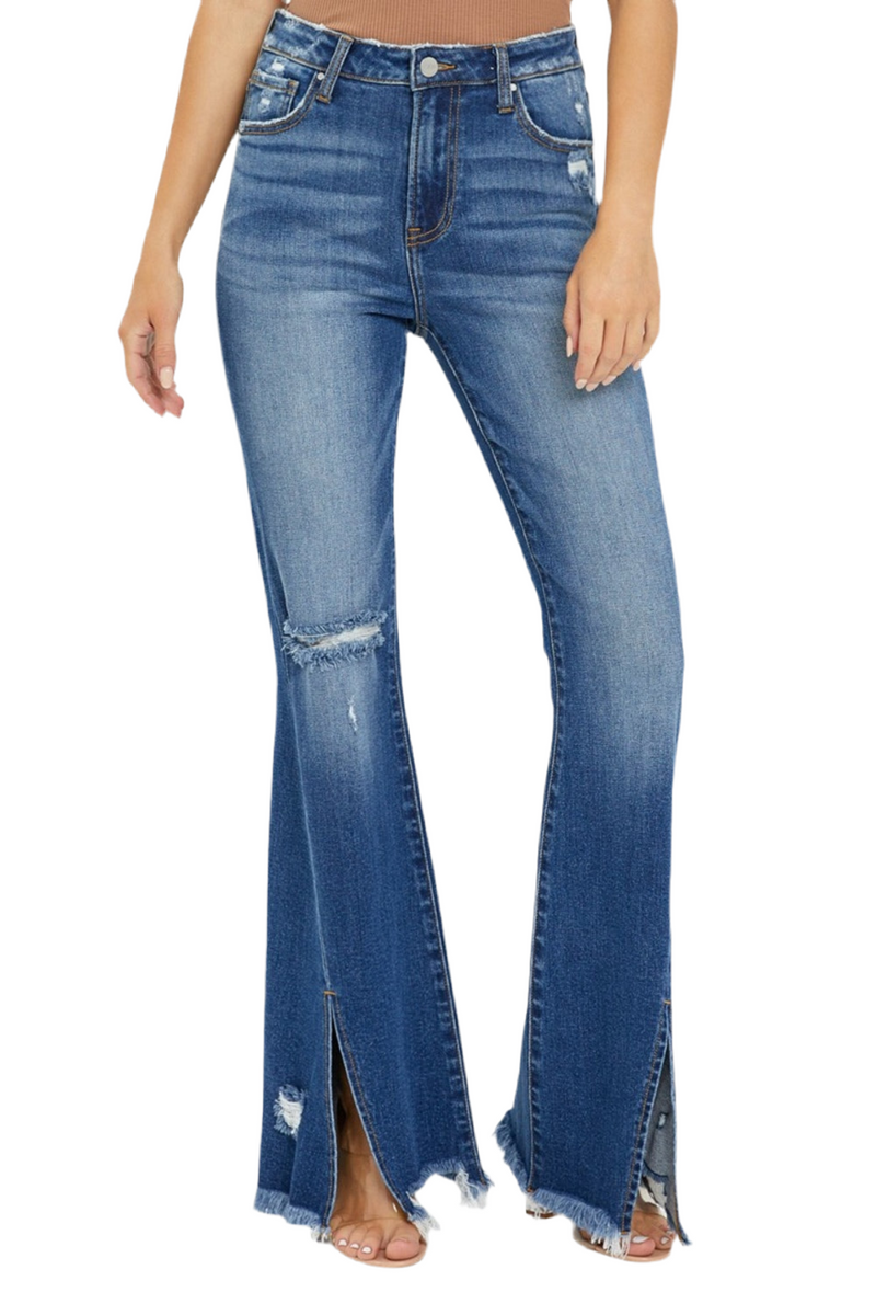 Full Size High Rise Front Slit Frayed Hem Flare Jeans