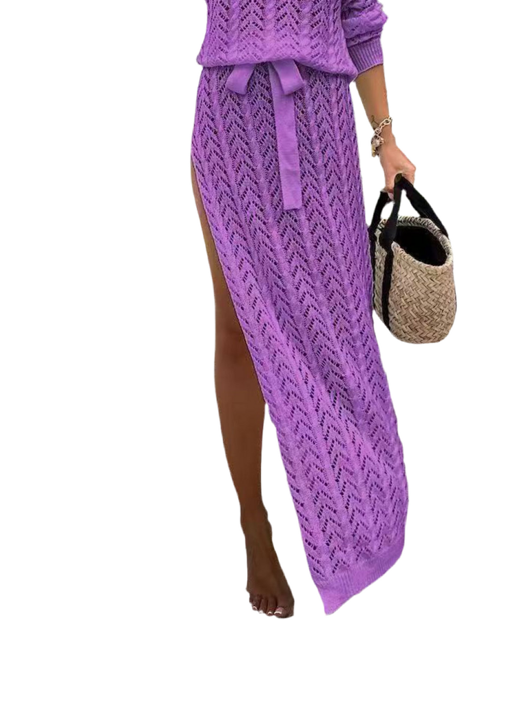 Slit Openwork Single Shoulder Knit Dress