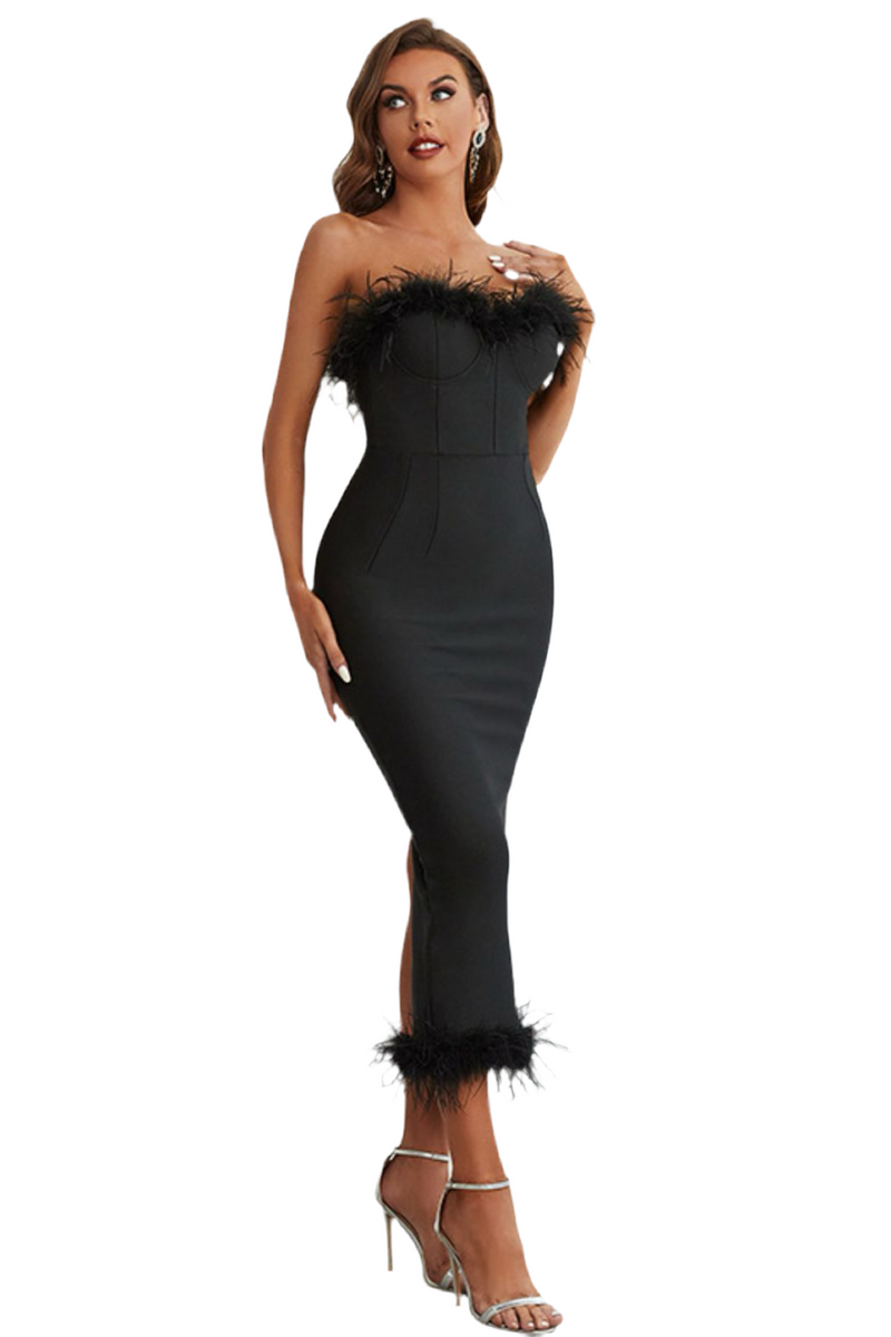 Feather Trim Strapless Sweetheart Neck Dress