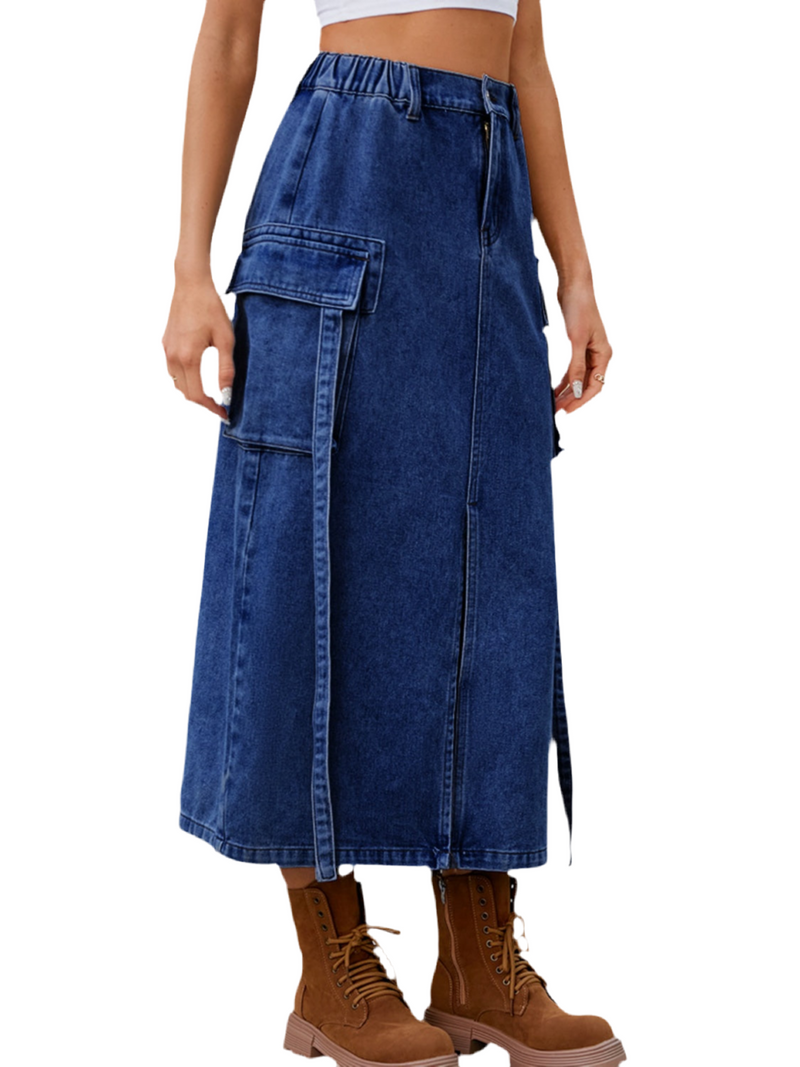 Slit Pocketed High Waist Denim Skirt