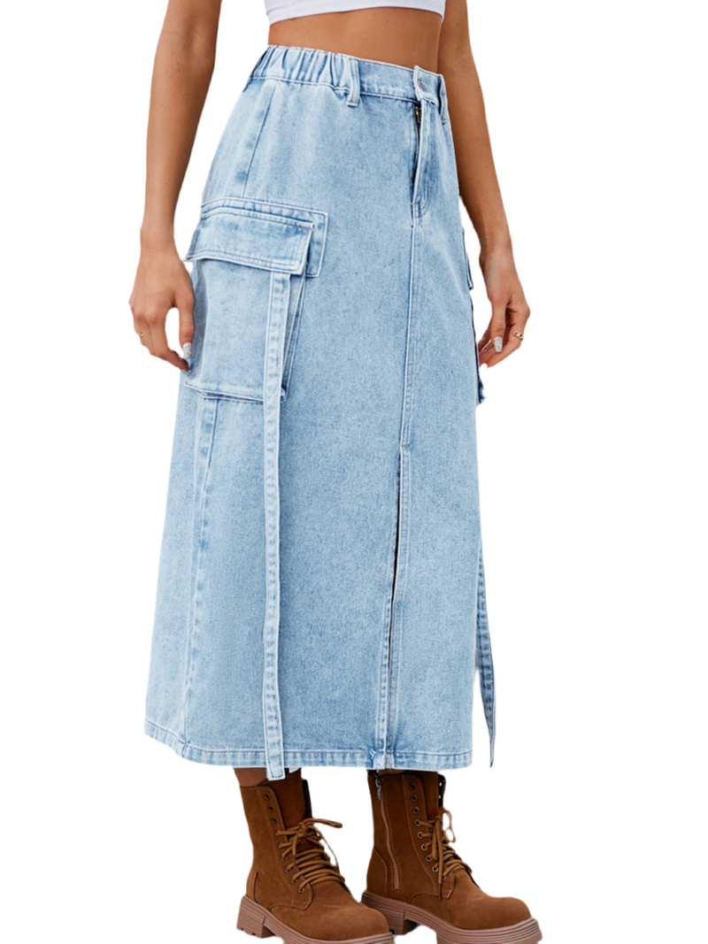 Slit Pocketed High Waist Denim Skirt