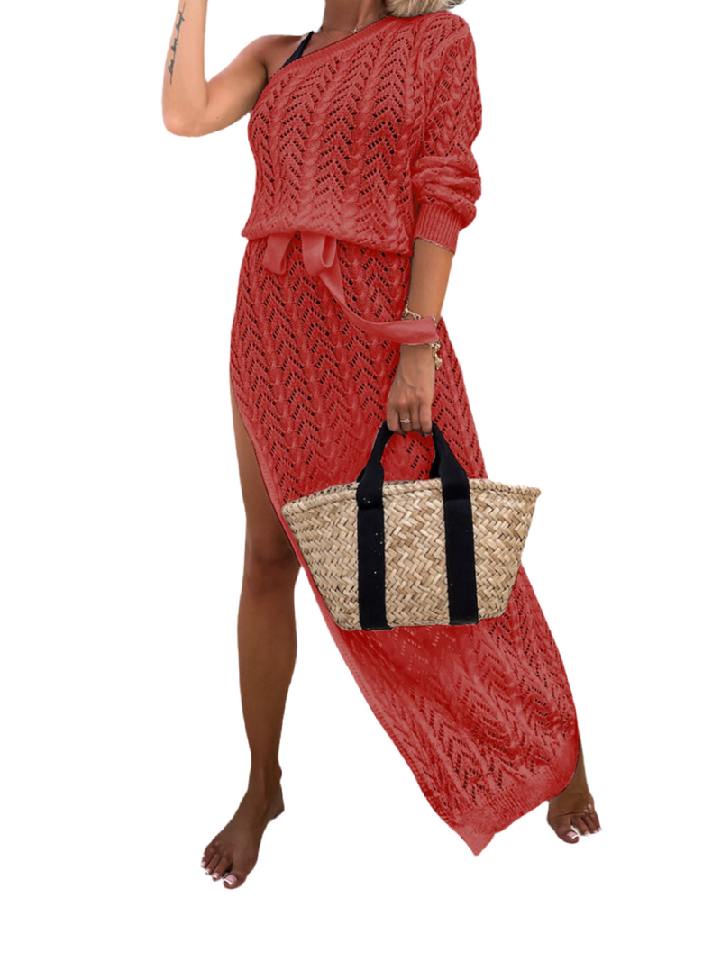 Slit Openwork Single Shoulder Knit Dress