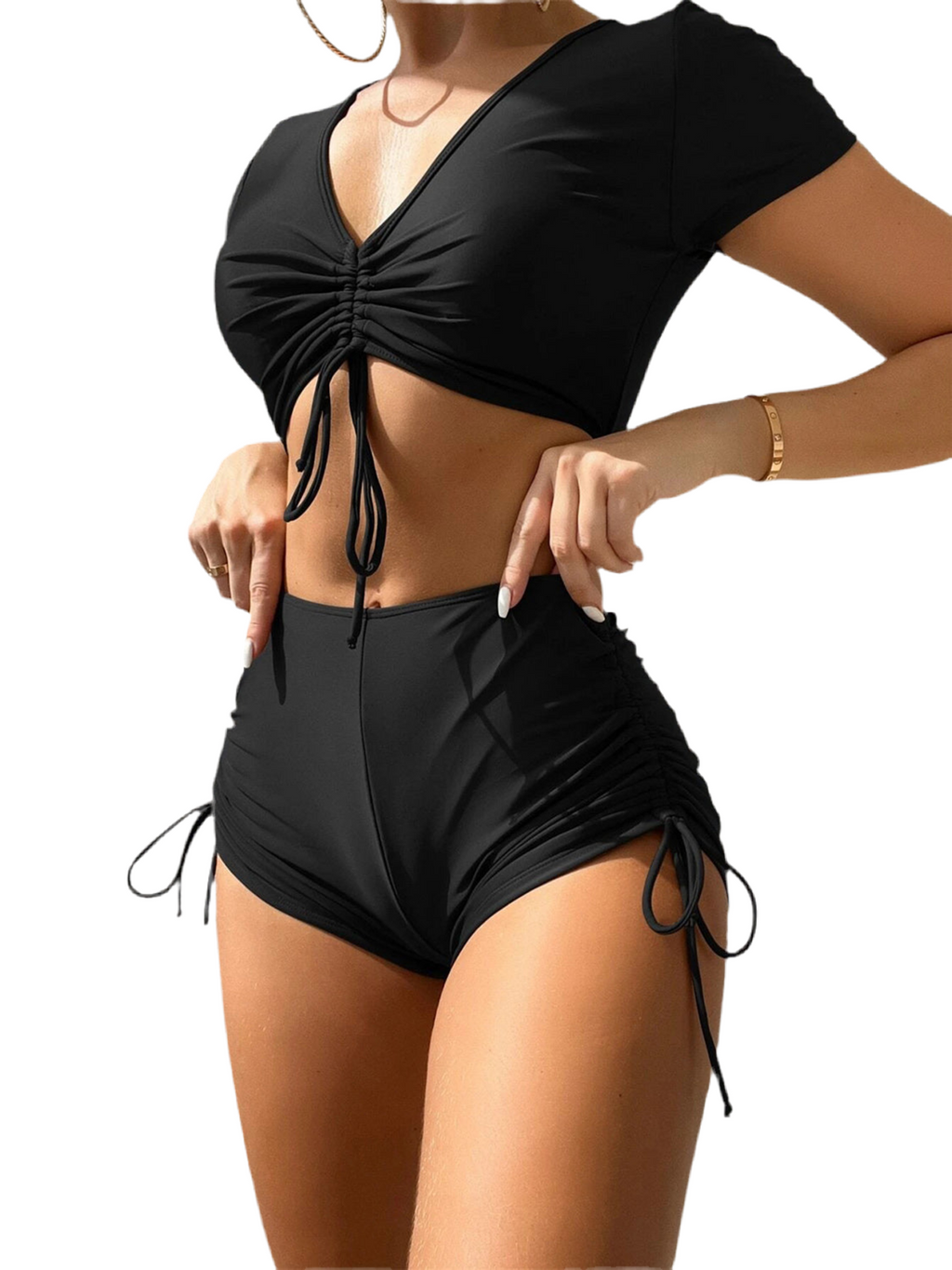 Drawstring V-Neck Short Sleeve Two-Piece Swim Set