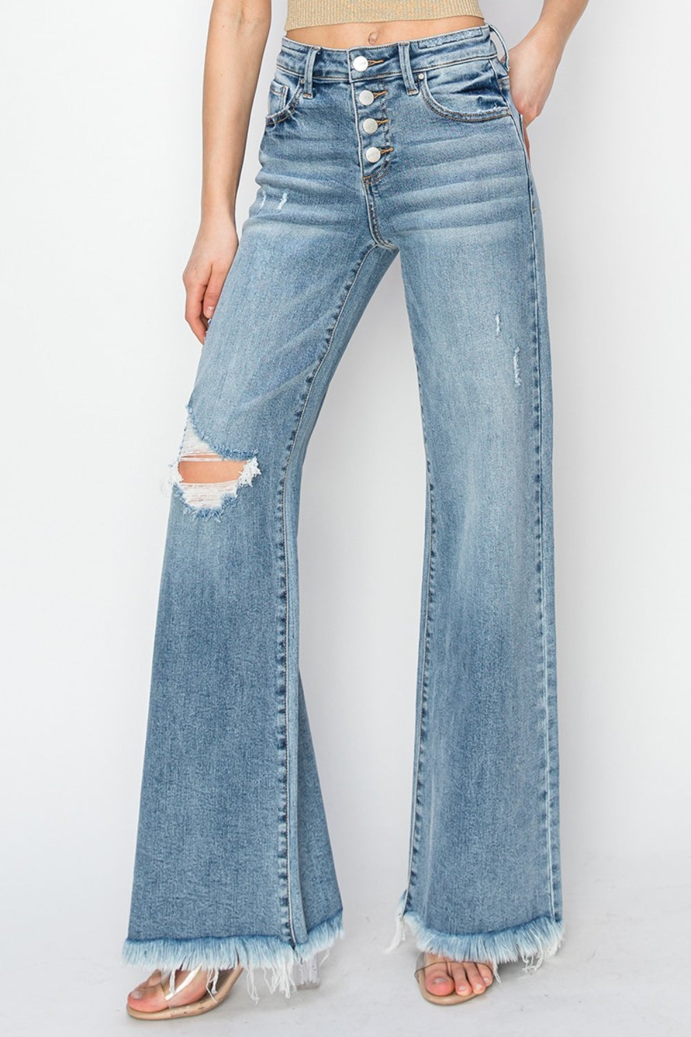 Mid Rise Button Fly Wide Leg Jeans