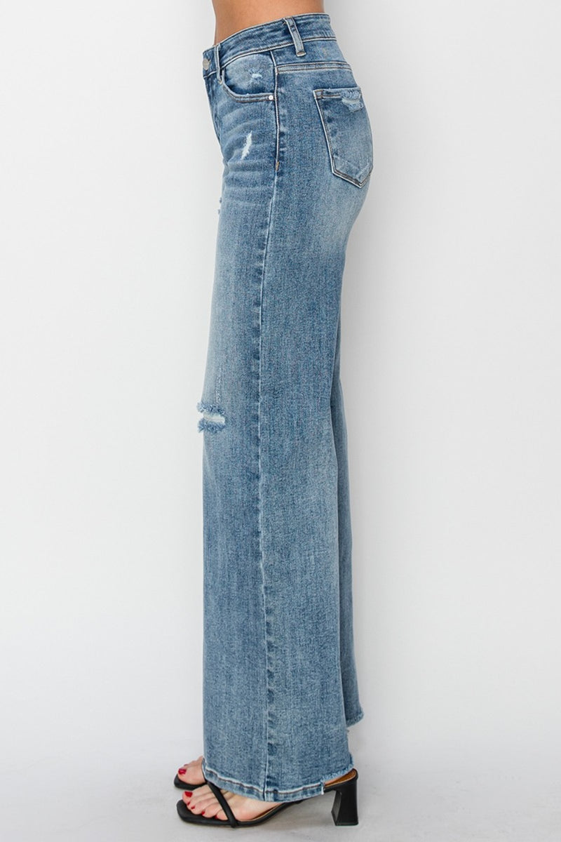 Full Size High Waist Distressed Wide Leg Jeans