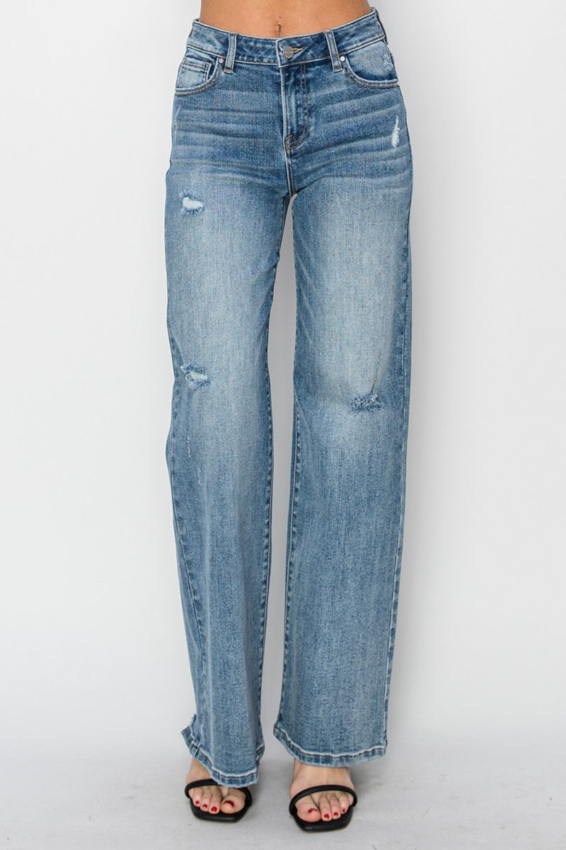 Full Size High Waist Distressed Wide Leg Jeans